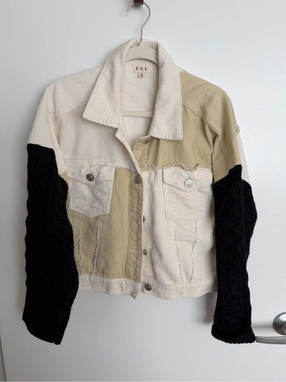 POL Colorblock Corduroy & Knit Jacket in Cream, Tan & Black